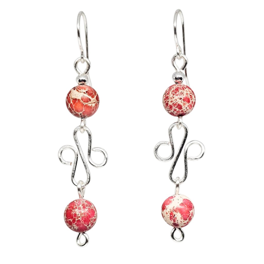 Pink Imperial Jasper Gemstone Beaded Silver Tone Boho Dangle Earrings Handmade
